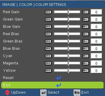 User Controls Color Setting Press into the next menu as below and then use or to select item. Use or to select Red, Green, or Blue for brightness (Gain) and contrast (Bias).
