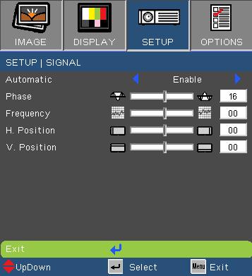 User Controls SETUP Signal Signal is only supported in Analog VGA (RGB) signal. Automatic Automatically selects the singal.