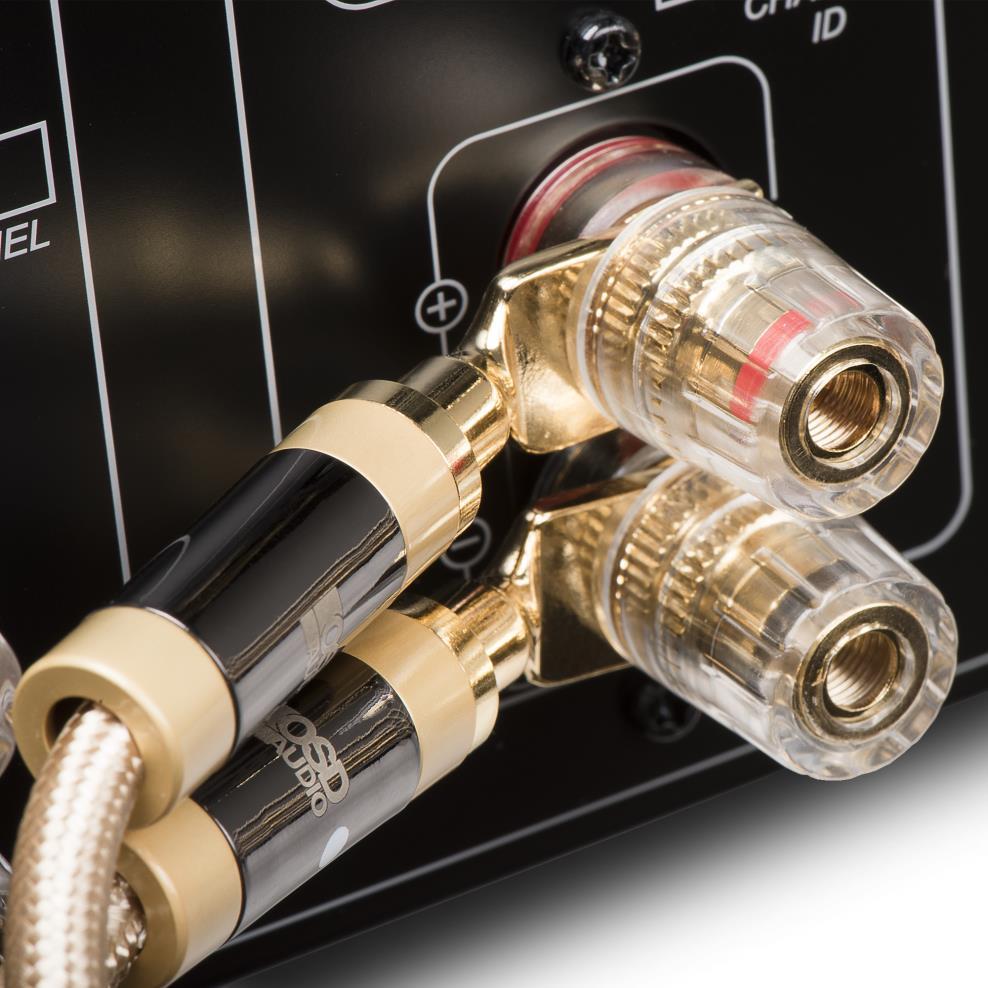 AURUM Series 14 Gauge, 2 Conductor Speaker Cables Speaker Cables; Stereo Pair Audiophile Grade 2 Conductor Stereo Pair Speaker Cables Proprietary Custom Tooled Gold/Gun Metal Plated Connectors and