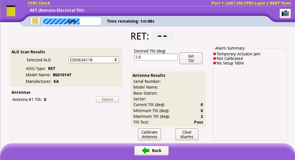 7. RET Press the button to enter the RET Test 8. RET Info Select the ALD (RET Controller) from the list and check the Alarm state 9.