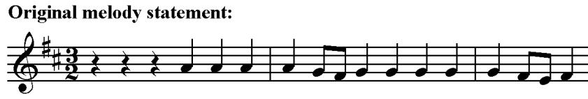 Lesson 5: Composing 1. Revise 3/2 time signature and how it differs to ¾ time. 2. Explain anacrusis. 3. Most of the tunes in this piece are based upon this rhythm from the second theme: Learn to play, sing or clap the melodies below.