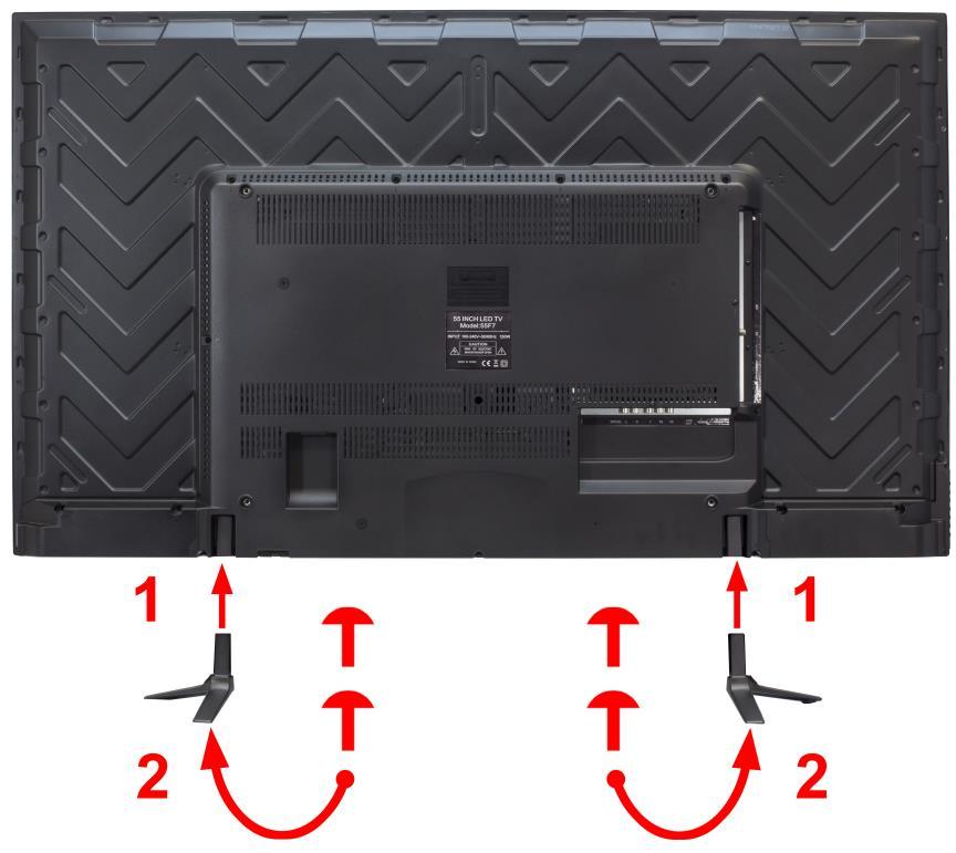 Attaching or Removing the Stand For U43, U50 1. To install the feet of the TV, lay the TV flat on a table. Afterwards obtain the two display stands that are labeled L for left and R for right.