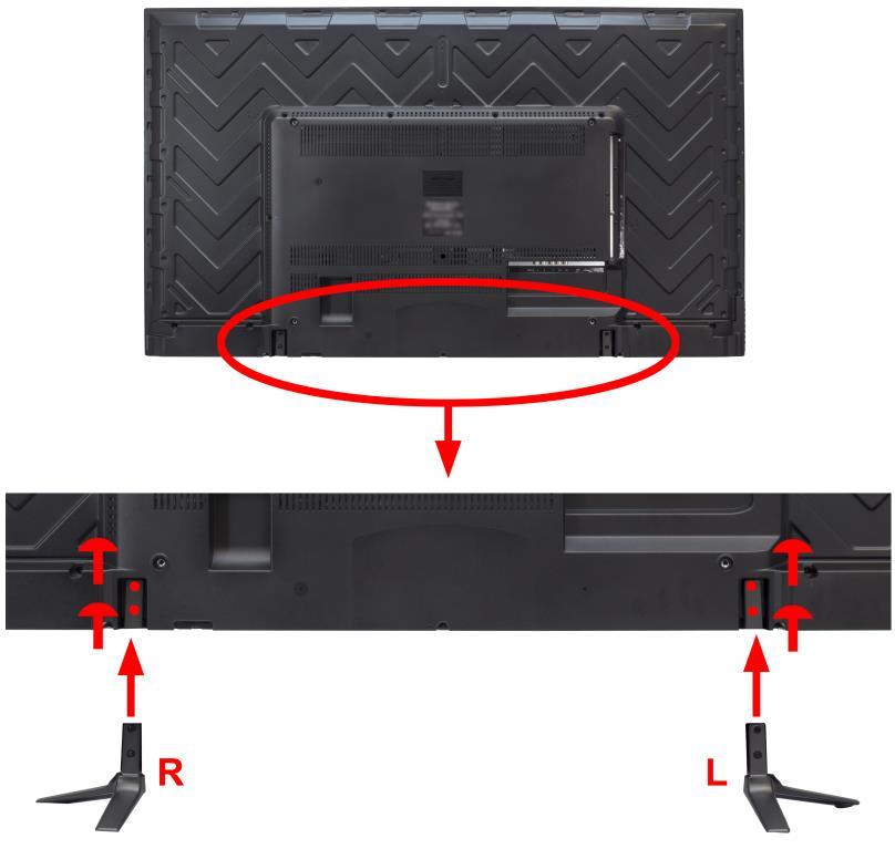Attaching or Removing the Stand For U55, U65 3. To install the feet of the TV, lay the TV flat on a table. Afterwards obtain the two display stands that are labeled L for left and R for right.