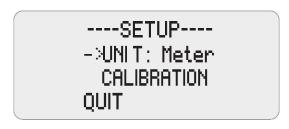 Calibration and setup, (SETUP), function: When the Calibration and Setup function is selected, the LAN Network Cable Tester will show a display typical to that shown below: Press the p or q keys to