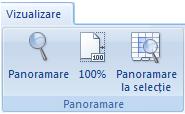 aceeaşi operaţie: tabul Vizualizare (View) grupul Panoramare (Zoom) butonul Panoramare la selecţie (Zoom to Selection)) Particularizare (Custom) - se poate completa cu un procent de dimensionare a