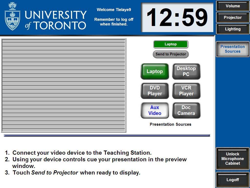 Presentation Source: Aux Video For an auxiliary video device such as a camcorder, follow the instructions on the screen to cue your presentation.