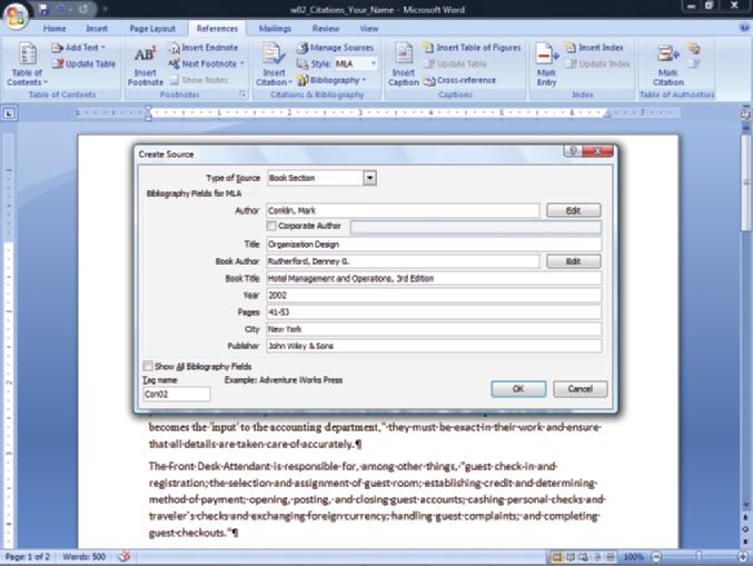 Insert Citation button MLA style Completed citation Figure 1 5. At the bottom of the Create Source dialog box, click OK.