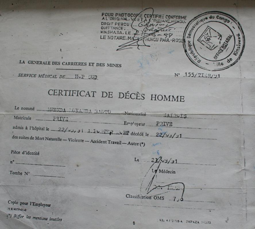Document 11: Certificat De Décès Homme 87 While looking for documents at the Bureau de la Commune of Lubumbashi, a very helpful man, Mr.