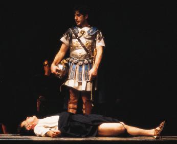 At the conclusion of Julius Caesar, Mark Antony (played by Al Pacino) stands over the body of Brutus (played by Martin Sheen).