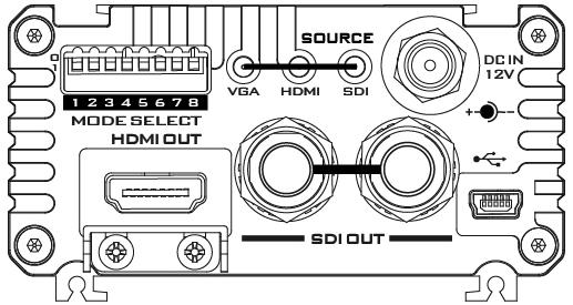 Audio IN Inputs for 2 channels of RCA unbalanced audio HD-SDI IN & Output (Loop Thru) HD-SDI input and loop-through output connectors.