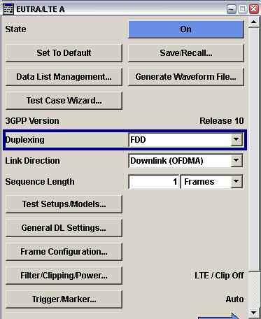 UE Receiver Test Manual settings for LTE MIMO with 2 Antennas, Overview Figure 31: SMx duplexing FDD/TDD In the LTE General DL Settings window, set two