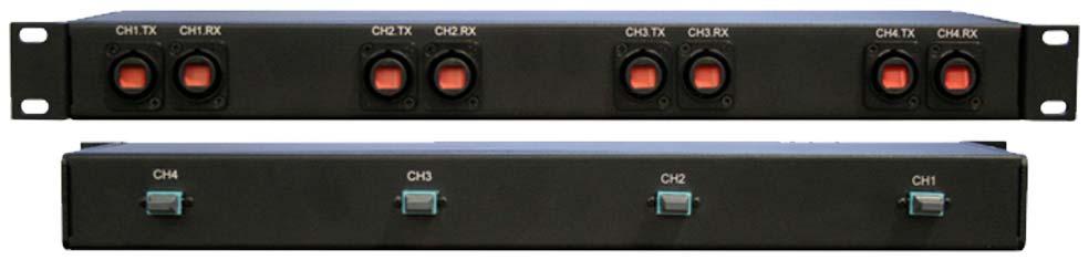 The MCC adaptor box splits each MTP from an EM product into two opticalcon ports, labeled TX and RX.
