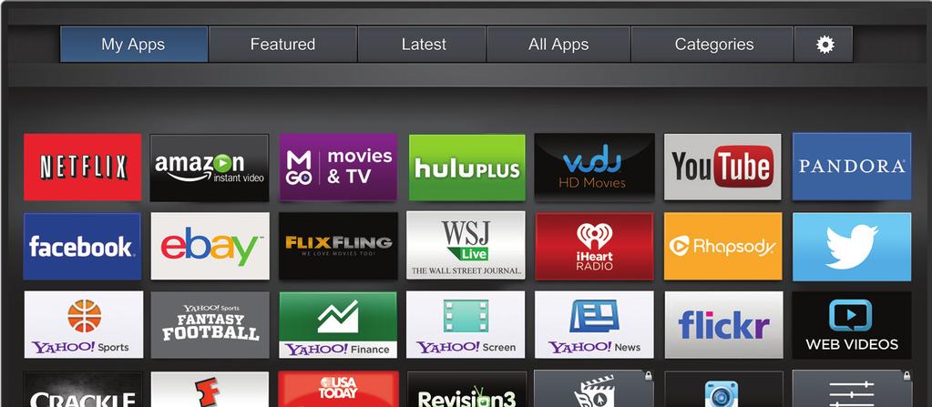 7 Fullscreen V.I.A. Apps Window Overview The fullscreen apps window allows you to add, delete and move your apps. The My Apps tab displays apps that are already installed on your TV.
