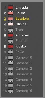 Each camera has a number of reference, a recording icon and the title defined by the user in the camera configuration screen.