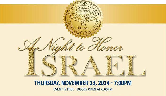 Christians United for Israel (CUFI), along with churches in North Georgia and the Greater Chattanooga area, invites the community to a Night to Honor Israel event on Thursday, November 13, 2014 at