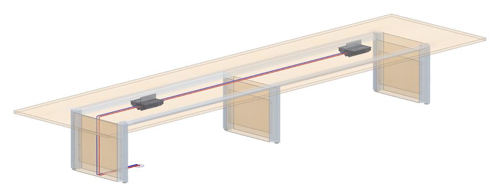 Horizontally, power and cables are routed between the two beams. Optional trough covers can fully conceal the clutter underneath.