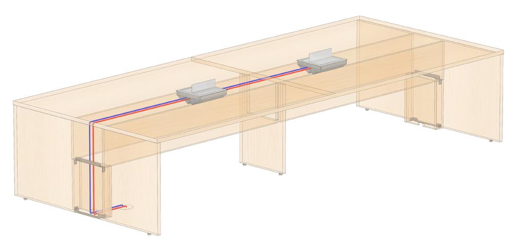 09 LANDING TEAM TABLES Landing Team Tables (2 Panel) Horizontally, power and cables are routed between double keel panels with optional cable grippers or cable managers (PDGR or PDJTR),