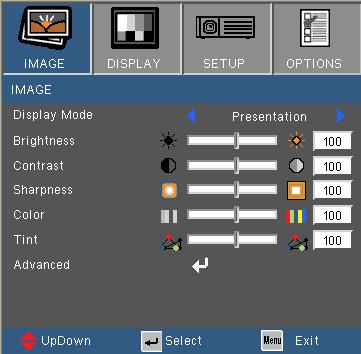 Adjusting the Settings IMAGE Display Mode The projector comes with factory presets designed for various types of images. Select an appropriate display mode for your source.