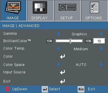 Adjusting the Settings IMAGE Advanced Gamma This allows you to choose a gamma table that has been fine-tuned to bring out the best image quality for the input. Film: for home theater.