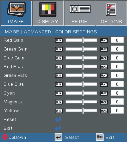 Adjusting the Settings Color Select to go to the Color Settings menu and then use or to select an item.