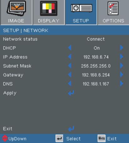 Adjusting the Settings SETUP Network (For Short Throw Models only) When IP settings are changed, multimedia modules (including USB Display, Network Display and Flash Drive functions) will restart,