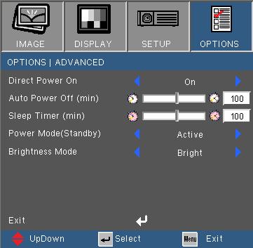 Adjusting the Settings OPTIONS Advanced When Power mode (Standby) is set to Eco (> 0.5W), the VGA output, Audio pass-through and RJ45 are deactivated.