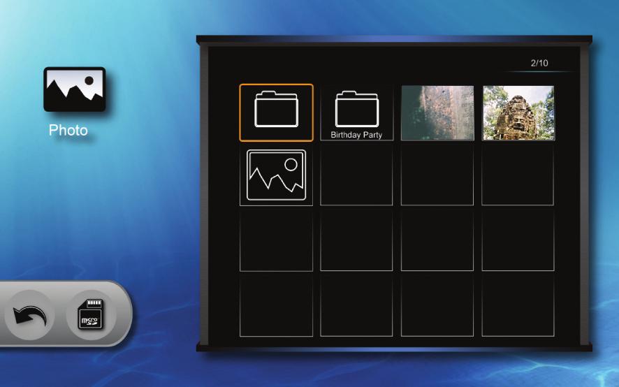Memory Drive Display How to play a slideshow 1. Press or to highlight Photo on the multimedia home menu. 2.