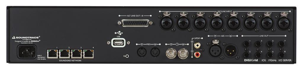 IOS Rear Panel 11 9 10 7 8 Mains input: 90 240 V AC 50/60 Hz Built-in 1GB Ethernet switch, four ports USB port for server service and upgrades (used for technical support) Recovery/reset button MIDI