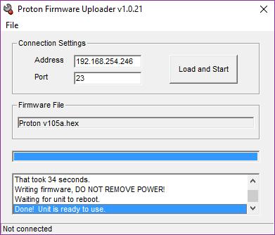 When the Proton Firmware Uploader has completed transferring the firmware data, the utility will disconnect from the unit.