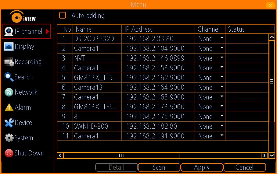 4 IP CAMERA CHANNEL The IP CAMERA Channel menu enables you to view specific information about cameras that are currently connected to your NVR such as channel number, IP address and status.