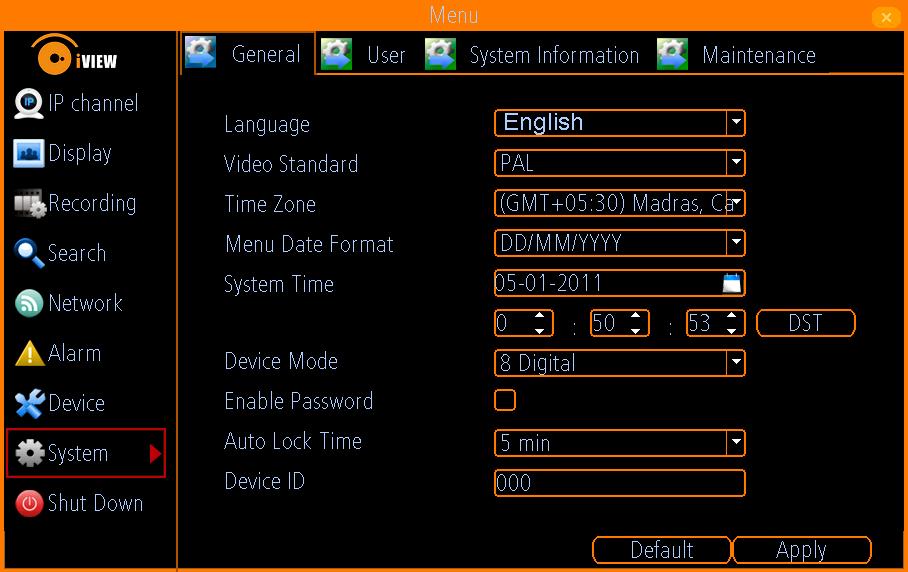 11 CONFIGURE SYSTEM 11.1 General General menu contains many of the settings you ll need to configure to get the most out of your NVR system: 1.