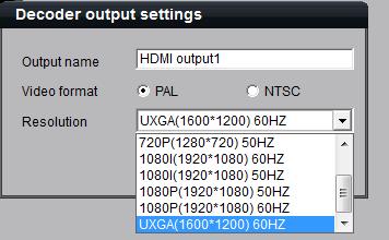 If the output name is set to VGA, HDMI or DVI output, then user can select the resolution from the drop-down menu.