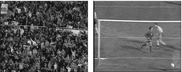 The broadcast of the first goal in Spain1: (a) long view of the actual goal play, (b) player close-up, (c) audience, (d) the first replay, (e) the third replay, and (f) long view of the start of the
