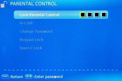 OSD Menu OSD Menu 4. Parental Control menu You must enter the password to gain access to the Parental Control menu. The default password is 0000.
