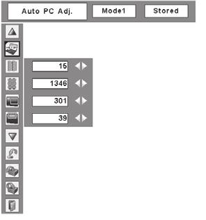 It allows you to recall the setting for a specific computer. 1 2 Press the MENU button to display the On-Screen Menu. Press the Point buttons to move the red frame pointer to the PC Adjust Menu icon.