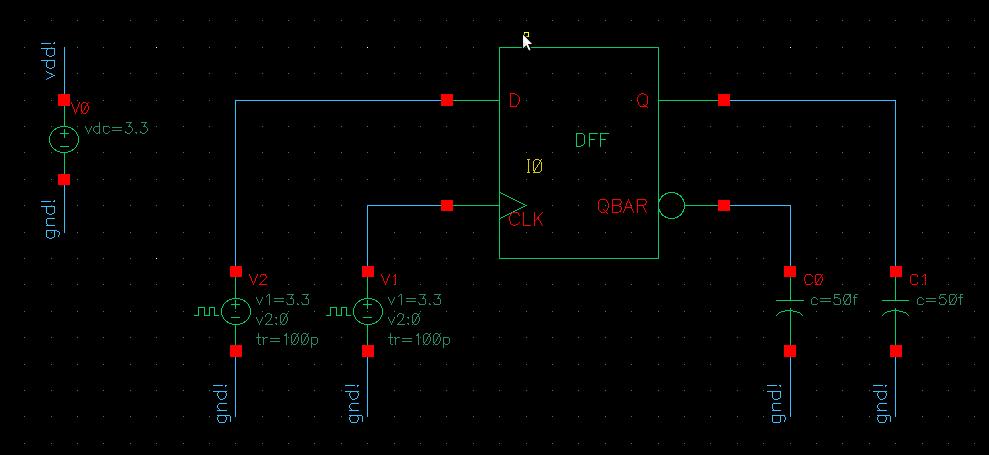 4. SCHEMATIC SIMULATION RESULTS: To make simulations for D flip-flop, we used the circuitry shown in Fig.12.