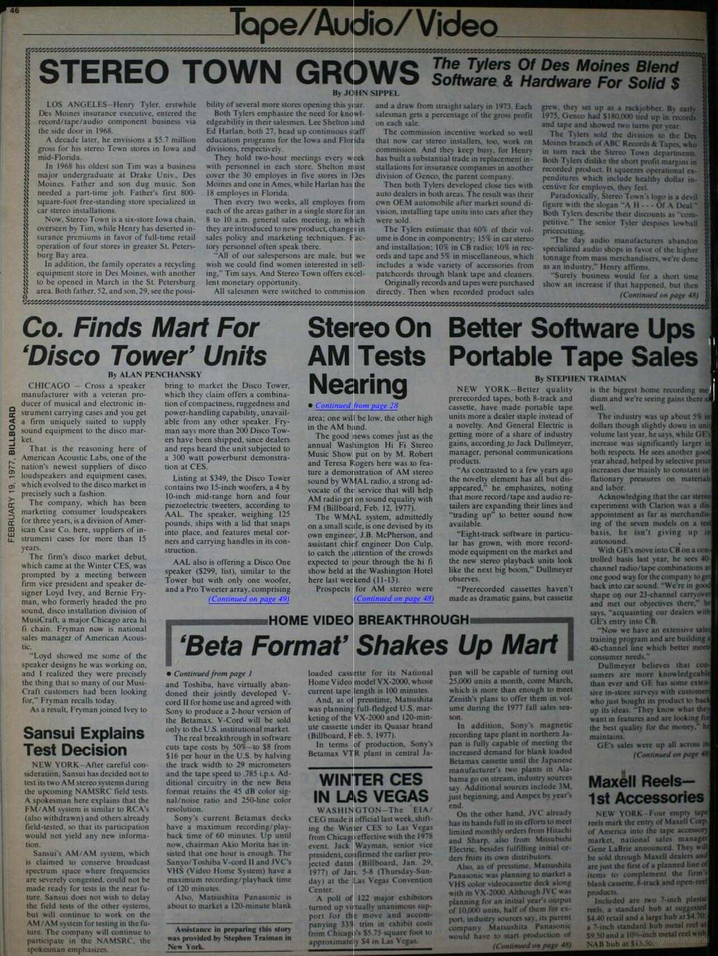Tope /Audio /Video STEREO TOWN GROWS The Tylers Co LOS ANGELES -Henry Tyler. erstwhile Des Moines insurance executive- entered the record /tape /audio component business via Me side door in 1968.