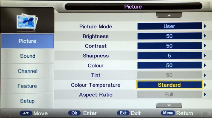 OSD Menu 1. Picture menu Description Picture Mode: Select your desired picture mode from Dynamic, Standard, Mild and User. Brightness: Adjust image black level. Contrast: Adjust image contrast.