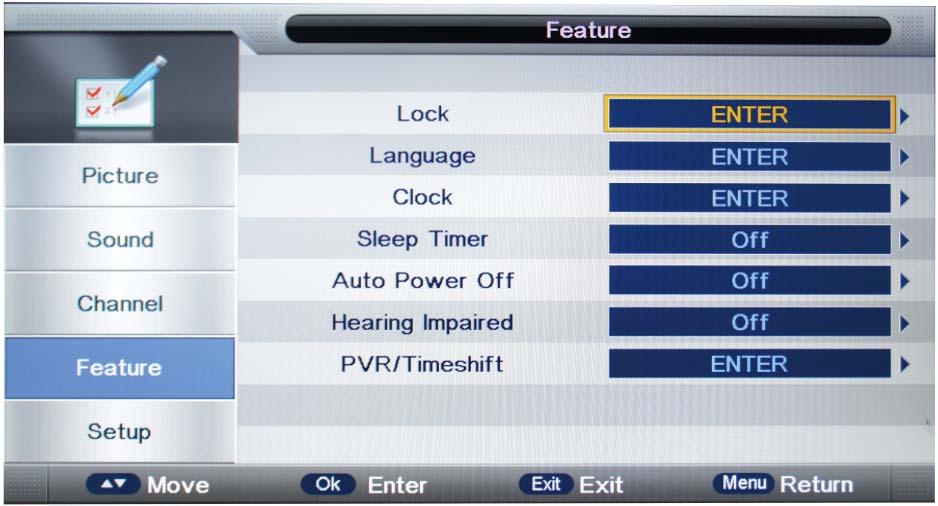 OSD Menu 4. Feature menu Description Lock: This menu allows you to lock certain features of the television so that they can not be used or viewed.