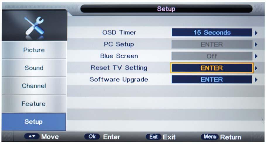 OSD Menu 5. SETUP menu Description OSD Timer: Lets you adjust the amount of time the On Screen Menu stays on the screen before disappearing. PC Setup: Change the PC Settings in PC mode.