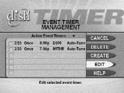 The Menus TIMERS MENU The Timers Menu allows you to set up the receiver to tune in a future event, that is, a program.