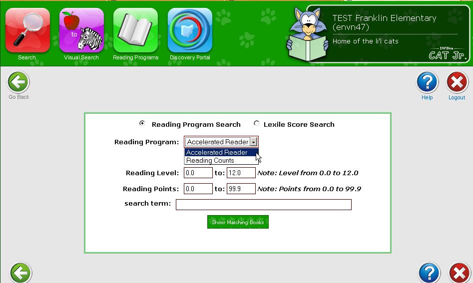 Select Reading Program Search button or Lexile search button. 3.