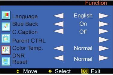 Function menu options Press the MENU button on the front panel or on the remote control to display the main menu. Language Press / to select the language of the OSD 1.