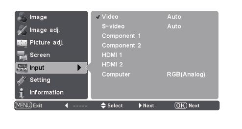 When Video or S-video is selected, press the Point 8 button to display the System Menu. Use the Point ed buttons to select the desired system and press the Point 8 or OK buttons.