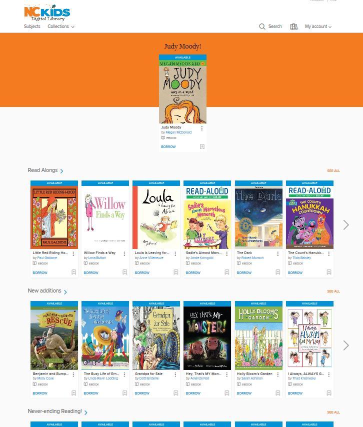USING NC KIDS DIGITAL LIBRARY Below is the NC Kids home page showing shelves of books. Look for the Never-Ending Reading!