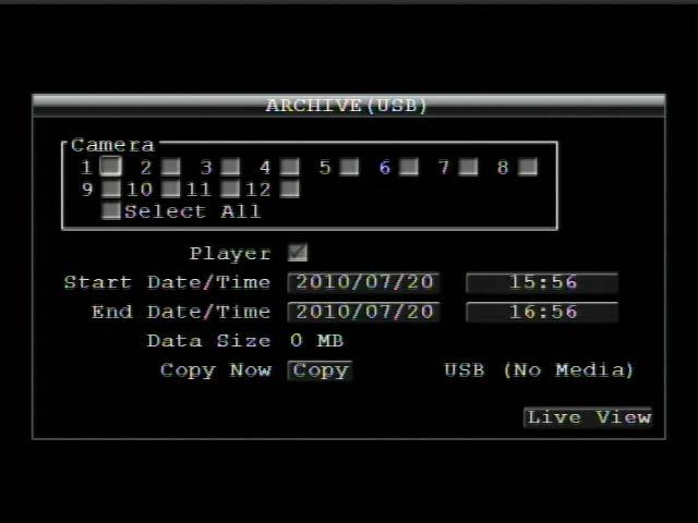 3.5 ARCHIVE (USB) Right-click to bring up the Root menu, select Playback and click to enter Archive Menu. Figure 3-10 Archive Menu Camera: Select which cameras will be archived.