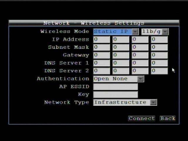 4.7.2 Wireless Settings Figure 4-32 Network Menu Wireless Wireless Mode: Select wireless mode from Static IP, DHCP or disabled. IP address: This field shows the DVR s current IP Address.