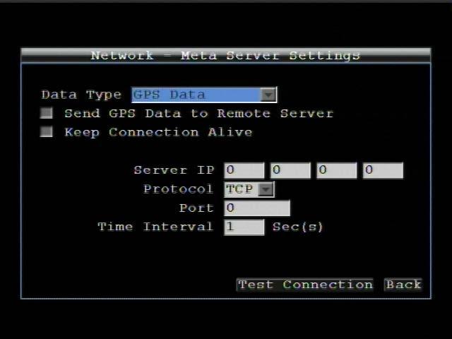 4.7.7 Meta Server Settings Figure 4-38 Network Menu Meta Server Meta Server is the server to send out GPS Data or G-Sensor Data to Central Management Software server.