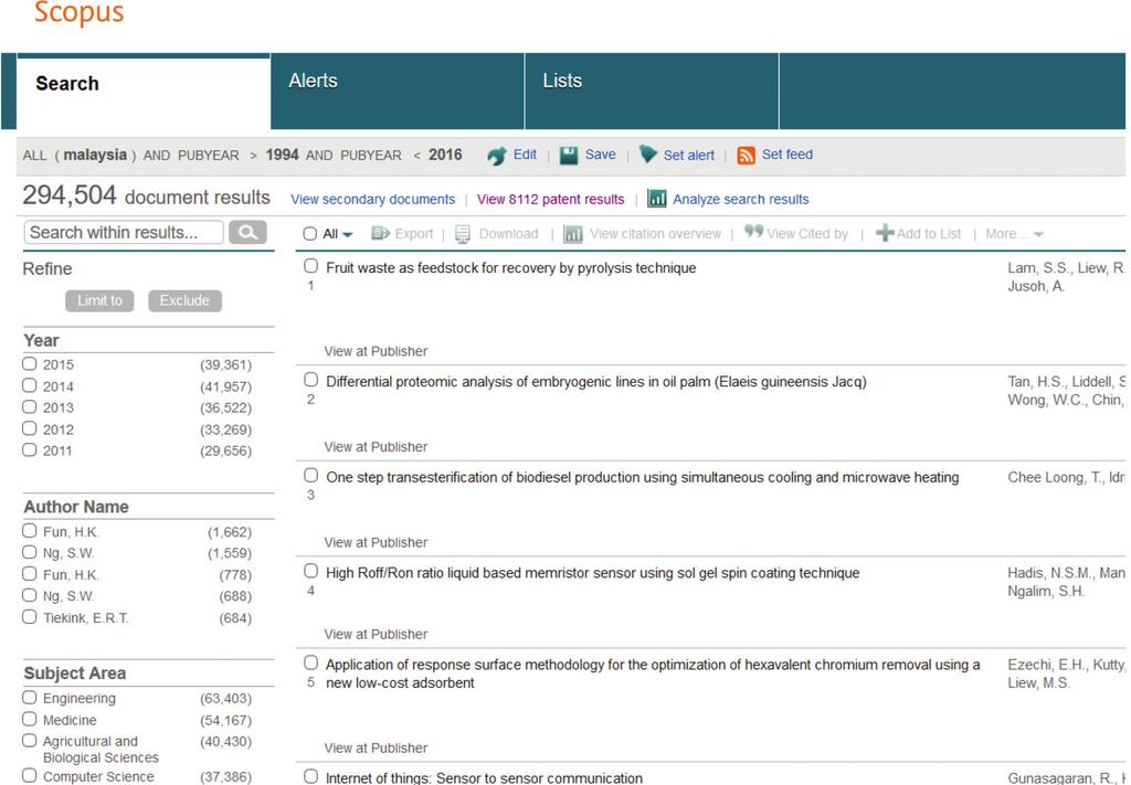 Figure 1: Snapshot from Scopus sonal database in Microsoft Excel. A total of 294 504 documents was retrieved from Scopus as shown in Figure 1.