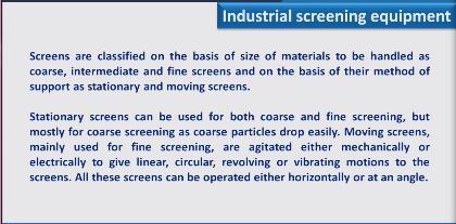 (Refer Slide Time: 01:10) Stationary screens can be used for both coarse and fine screening, but mostly for coarse screening as coarse particles drop easily.